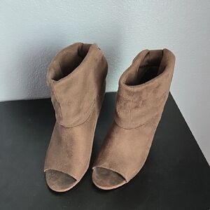 Brown Suede Peep-Toe Ankle Boots